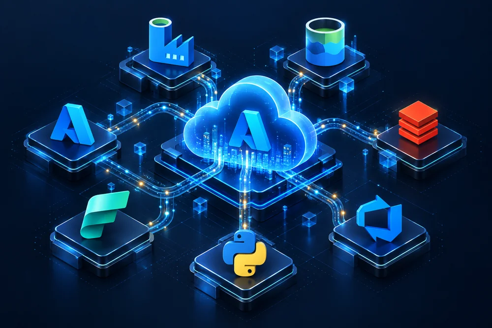 Azure cloud connected to Data Factory, Data Lake Storage, Databricks, Microsoft Fabric, Python and Azure DevOps tool icons