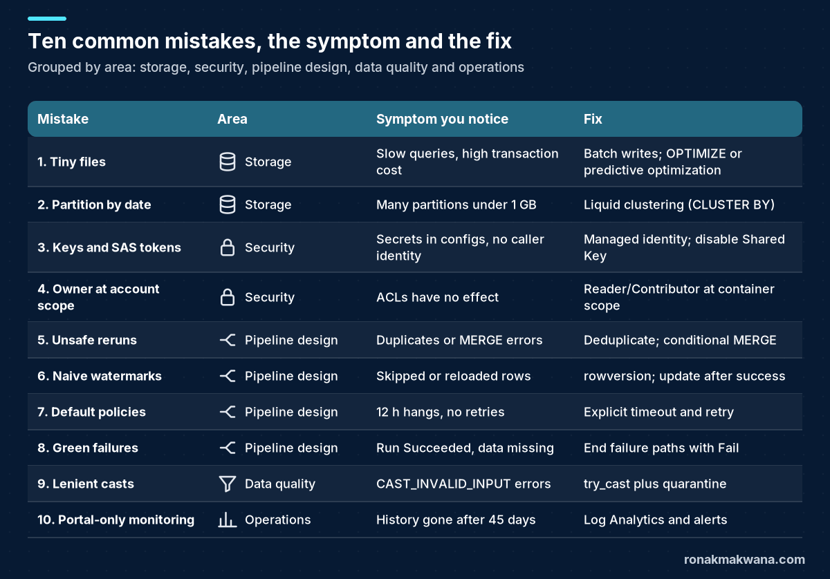 Table of ten common Azure data engineering mistakes with the area, the symptom you notice and the fix, grouped into storage, security, pipeline design, data quality and operations