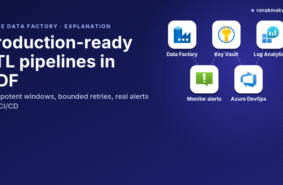 Featured image: Production-ready ETL pipelines in Azure Data Factory, with connected tiles for Data Factory, Key Vault, Log Analytics, Azure Monitor alerts and Azure DevOps