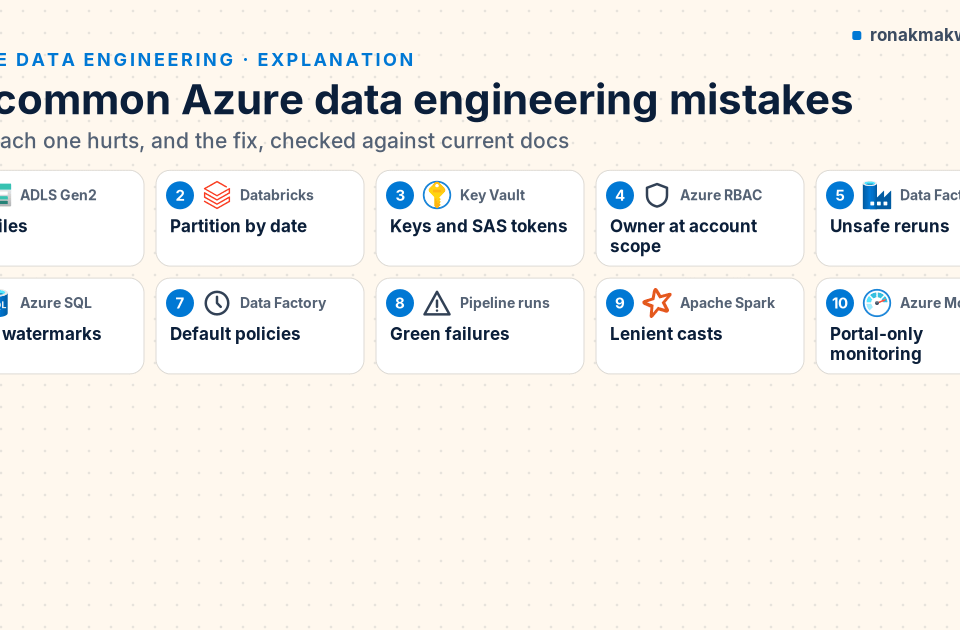 Featured image: 10 common Azure data engineering mistakes, a grid of ten numbered tiles, each with a product icon and a short name such as tiny files, keys and SAS tokens, unsafe reruns and portal-only monitoring