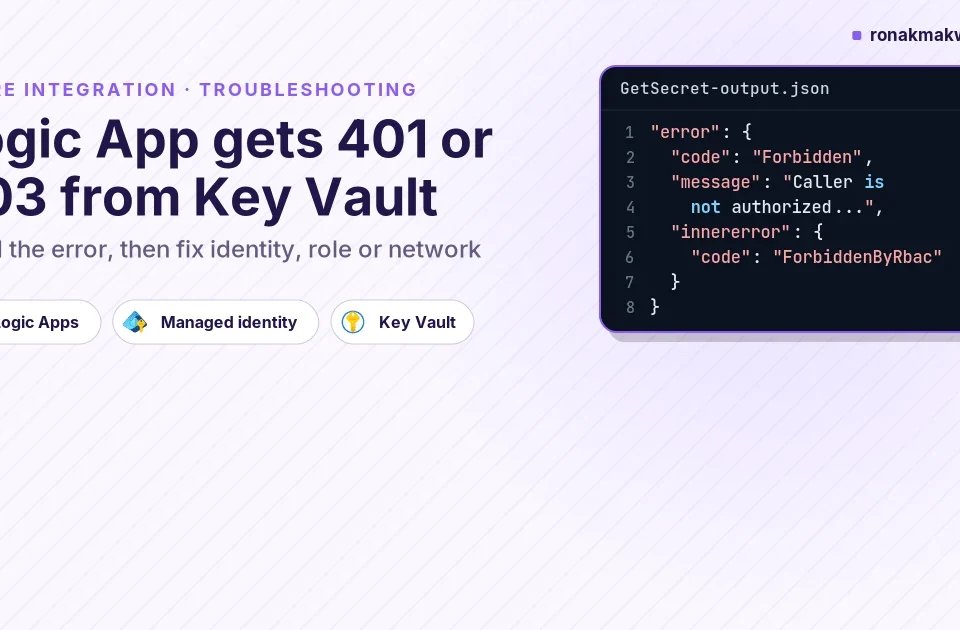 Featured image: Logic App gets Unauthorized or Forbidden calling Key Vault, code-card layout with the title on the left, Logic Apps, Managed identity and Key Vault icon chips, and a JSON card showing a 403 Forbidden error with inner code ForbiddenByRbac