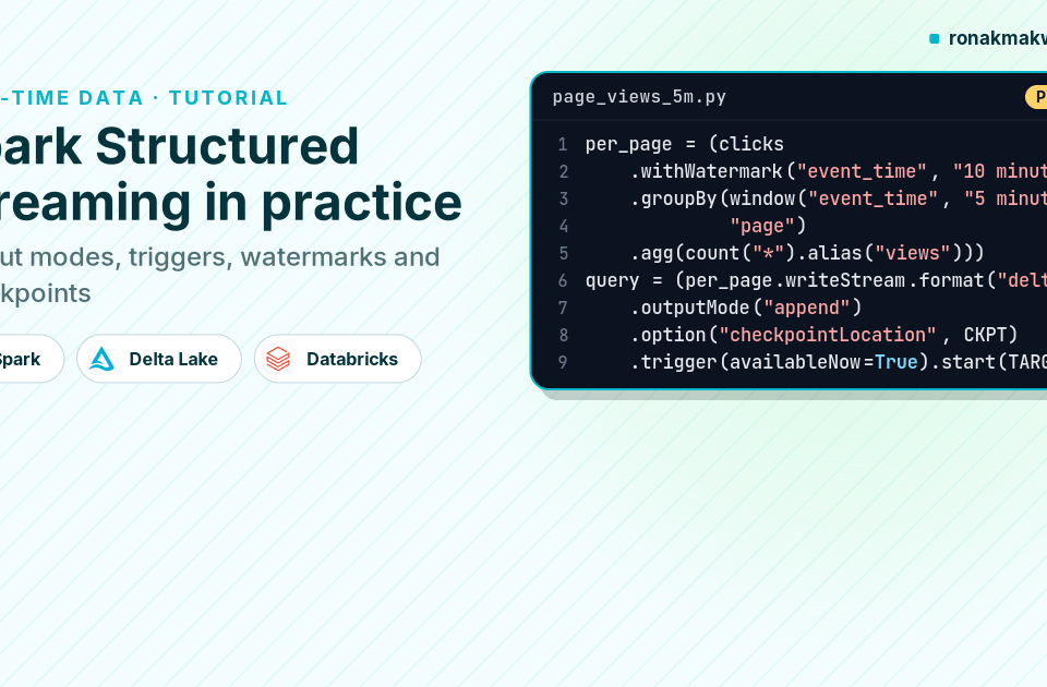 Featured image: Spark Structured Streaming in practice, a PySpark code card that applies a 10-minute watermark and a five-minute window, then writes to Delta with append output mode, a checkpoint and an availableNow trigger