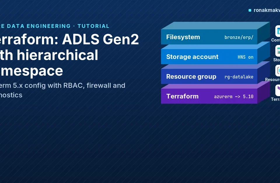 Featured image: Terraform: Create an ADLS Gen2 Storage Account with Hierarchical Namespace, stack layout on a dark blue gradient with the title and the subtitle 'azurerm 5.x config with RBAC, firewall and diagnostics' on the left, and four stacked slabs on the right, from top to bottom Filesystem (bronze/erp/), Storage account (HNS on), Resource group (rg-datalake) and Terraform (azurerm ~> 5.10), each with its Storage container, Storage account, Resource group or Terraform icon beside it